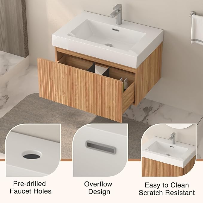 Floating Bathroom Vanity with Sink, Nature Soild Wood Cabinet with Ceramic Basin, Extra Large Storage Drawer & Pre-Assembled Vanities for Bathroom, Powder Room (Nature C Style, 30“)
