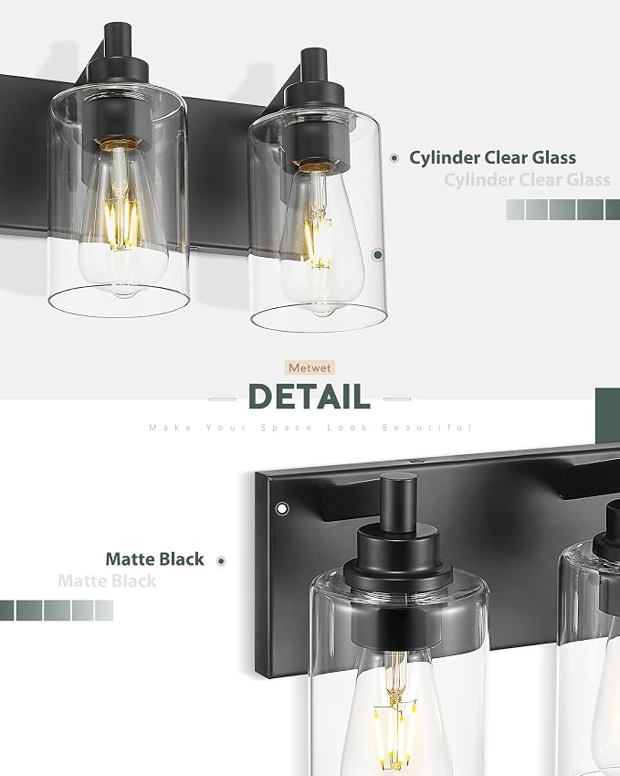 3-Light Bathroom Light Fixtures, Black Vanity Light with Cylinder Clear Glass Shade, Modern Vanity Lighting Fixtures Over Mirror, VL143-MB-3 | 16.5" modern bathroom light fixtures over mirror, E26 base, bulbs not included, VL143-MB-3