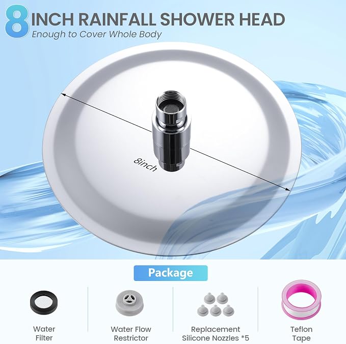8 Inch Rain Shower Head Chrome, Round Rainfall Shower Heads with 90 Anti-Clog Silicone Nozzles, All Metal Stainless Steel Ceiling Mount