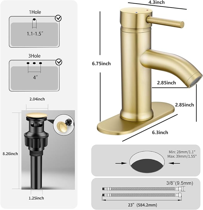 Brushed Gold Bathroom Faucets Single Hole Bathroom Sink Faucet | Modern Single Handle Bathroom Faucte 1 or 3 Hole, RV Sink Vanity Faucet (with Drain, Brushed Gold)