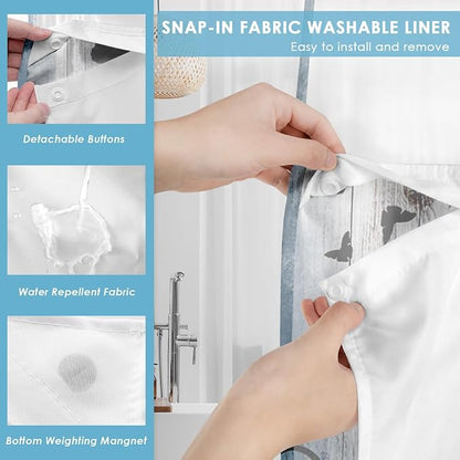 No Hook Shower Curtain with Snap in Liner 71x74 Inch Flower Teal | Rustic Daisy Farmhouse Modern Double Layers Waterproof Fabric with See Through Top Window Open Grommet Bath Curtain