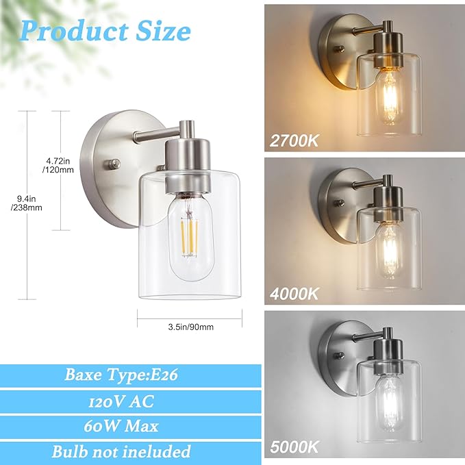 Wall Sconces for Bathroom, Brushed Nickel Vanity Light Fixtures, Modern Wall Mount Lighting Lanterns, Farmhouse Wall Lamps with Clear Glass Shade for Bedroom Living Room Mirror Hallway Porch(2PACK)