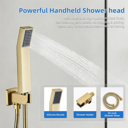 Shower Faucet Set With 8" Shower Head And Handheld Gold | Wall Mounted Shower System Valve Include 2 Function