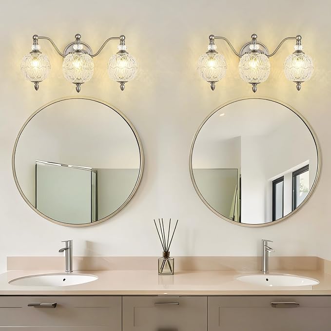 Brushed Nickel Bathroom Vanity Light, 3-Light Mid Century Modern Brushed Nickel Finish Wall Sconce with Globe Glass Shades, Modern Mirror Light for Bathroom, Powder Room