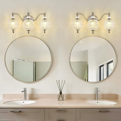 Brushed Nickel Bathroom Vanity Light, 3-Light Mid Century Modern Brushed Nickel Finish Wall Sconce with Globe Glass Shades, Modern Mirror Light for Bathroom, Powder Room