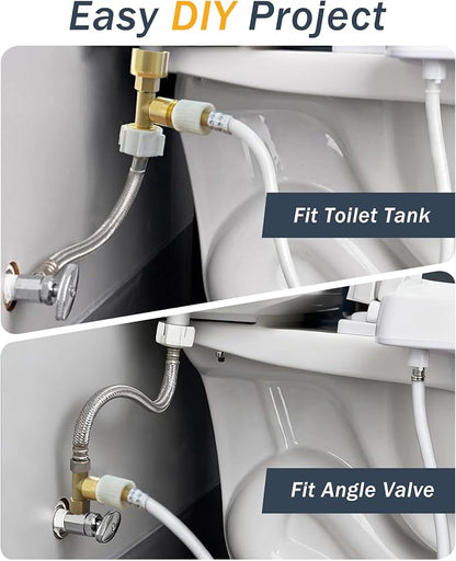 Universal Bidet T Adapter for Any Brand Bidet Hose, All-in-One Solution fit Toilet Tank Inlet or Angle Valve Outlet, 3/8"-7/8"-1/2", Brass Made