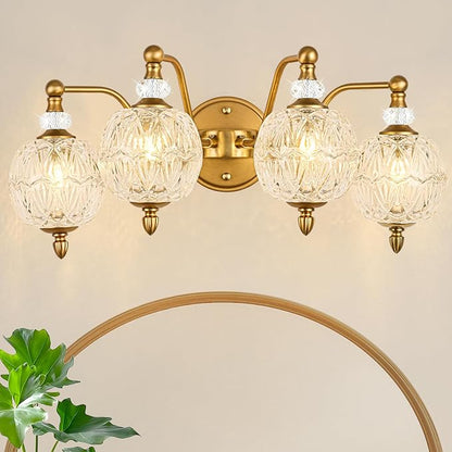 Vintage Bathroom Vanity Light, 4-Light Mid Century Matte Brass Finish Wall Sconce with Globe Glass Shades, Retro Mirror Light for Bathroom, Powder Room