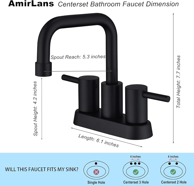 4 Inch Centerset Matte Black Bathroom Faucet 2 or 3 Hole | Stainless Steel Black Sink Faucet with Pop up Drain, 2 Handle Vanity Faucet for Bathroom, Restroom, Rv