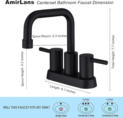 4 Inch Centerset Matte Black Bathroom Faucet 2 or 3 Hole | Stainless Steel Black Sink Faucet with Pop up Drain, 2 Handle Vanity Faucet for Bathroom, Restroom, Rv