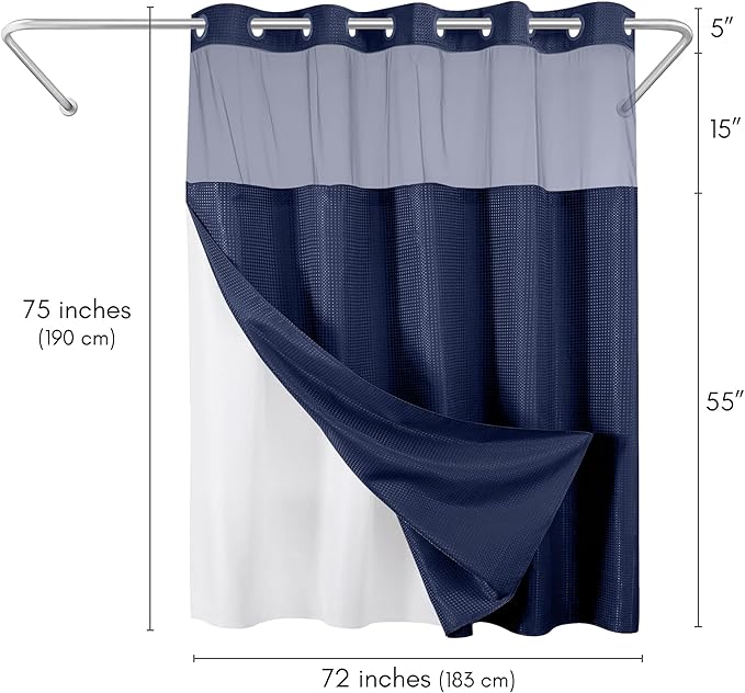 Americanflat 72x75 Hookless Waffle Pattern Shower Curtain - Water-Resistant Long Shower Curtain with Sheer Panel, Snap-in Liner, and Durable Grommets - 100% Polyester - Blue