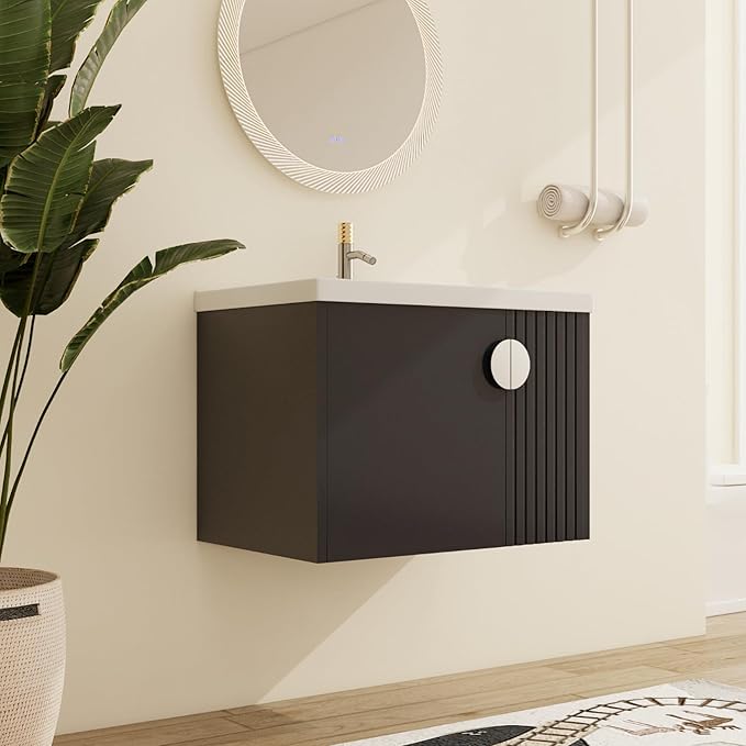Malwee 28" Floating Bathroom Vanity with Sink, 28 Inch Single Sink Wall Mounted Bathroom Vanity, with 2 Doors and White Ceramic Basin Top, Black Cabinet Set with 3 Color Handles (081-28)