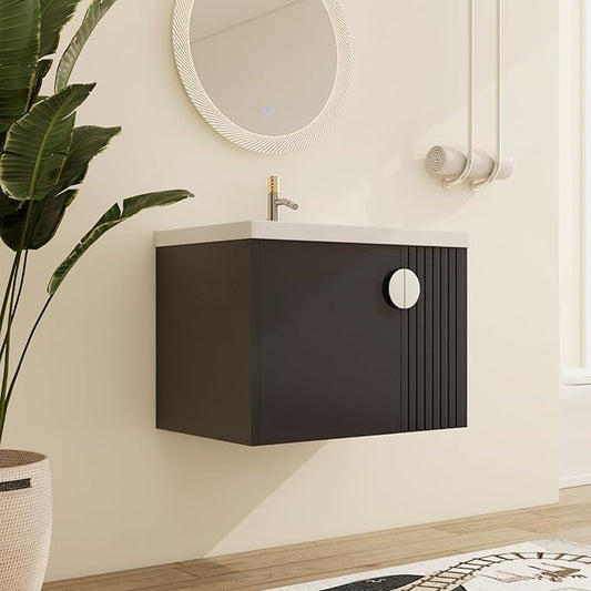Malwee 28" Floating Bathroom Vanity with Sink, 28 Inch Single Sink Wall Mounted Bathroom Vanity, with 2 Doors and White Ceramic Basin Top, Black Cabinet Set with 3 Color Handles (081-28)
