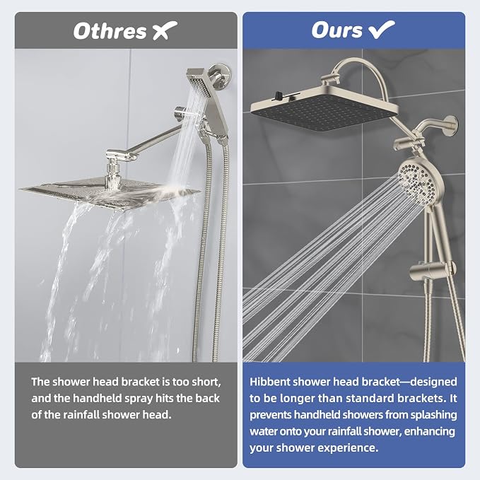 Hibbent cUPC Certified Upgraded 13'' Shower Head Combo, High Pressure 5 Spray Rainfall Showerhead with 10 Sprays Handheld, All Metal 3-way Diverter Shower Arm, 71'' Hose and Holder, Brushed Nickel