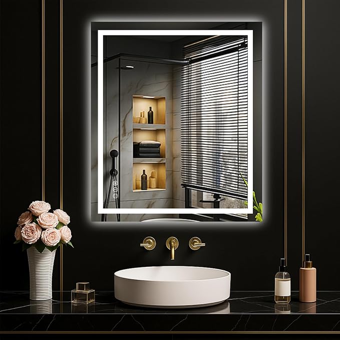 LOAAO 24"X28" LED Bathroom Mirror with Lights, UL Listed | Anti-Fog, Dimmable, 3 Color Temperature, Backlit + Front Lit, Memory Function, Tempered Glass