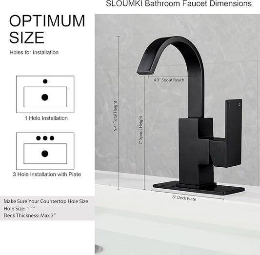 Matte Black Bathroom Faucet Waterfall Faucet Bathroom Vanity with 360 Degree Swivel Spout, Single Hole Bar Sink Faucet with Hose and 6 "Deck Plate,SL5004BK