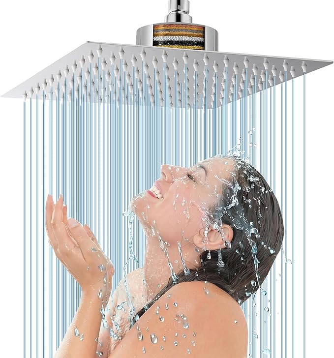 Voolan Rain Shower Head with Filtered - High Flow Bathroom Rainfall Filter Showerhead For Hard Water, Upgraded 304 Stainless Steel Construction (12"Square, Chrome)