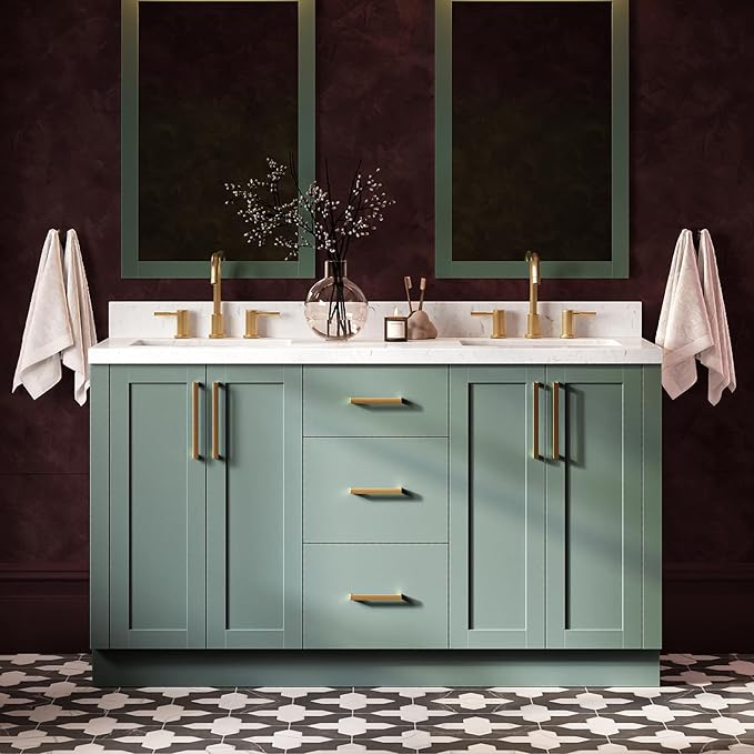 ARIEL Loren 60-inch Bathroom Vanity with Sink,Solid Wood, 1.5-inch Carrara White Quartz Countertop, Double Rectangular Porcelain Sink, 4 Soft Closing Doors, 3 Dovetail Drawers, Vintage Green