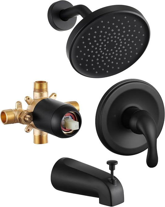 Black Tub Shower Faucet Set - 6 Inch Black Shower Head and Handle Set, High Pressure Bathtub Shower Faucet Set with Rain Shower Head and Tub Spout Single-Spray, Pressure Balancing Valve Included