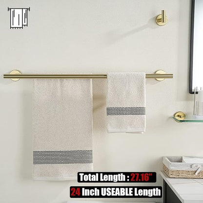 JQK Double Towel Bar 27 Inch, Brass Gold Useable Length 24 Inch 304 Stainless Steel Thicken 0.8mm Bath Towel Rack for Bathroom, Towel Holder Wall Mount 2 Pack, TB100L24-BG-P2