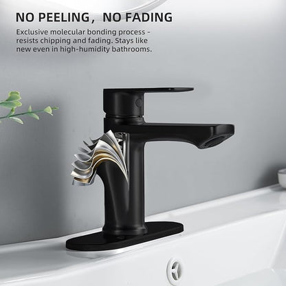 BELZ Black Bathroom Faucet, Lead-Free 1 or 3 Hole (4") Vanity Sink Faucet | NSF372 Compliant, Anti-corrosion Coating, 6'' Single Handle Sink Faucet with pop-up drain & hot/cold hoses, Easy DIY Install