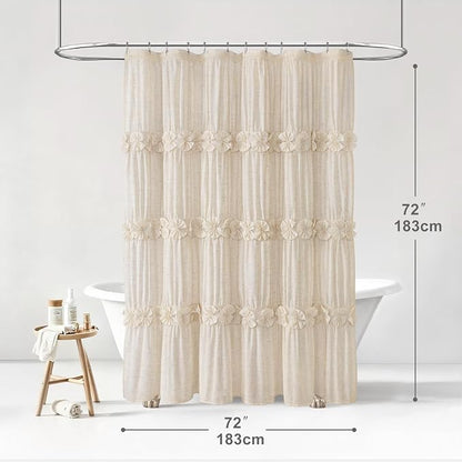 Ruffle Farmhouse Linen Shower Curtain with Vintage Bow 72" W x 72" H | Linen Blend Fabric, Ruffle Bow and Ruffled Hem，Linen Texture，Machine Washable，12 Metal Holes and Plastic Hooks