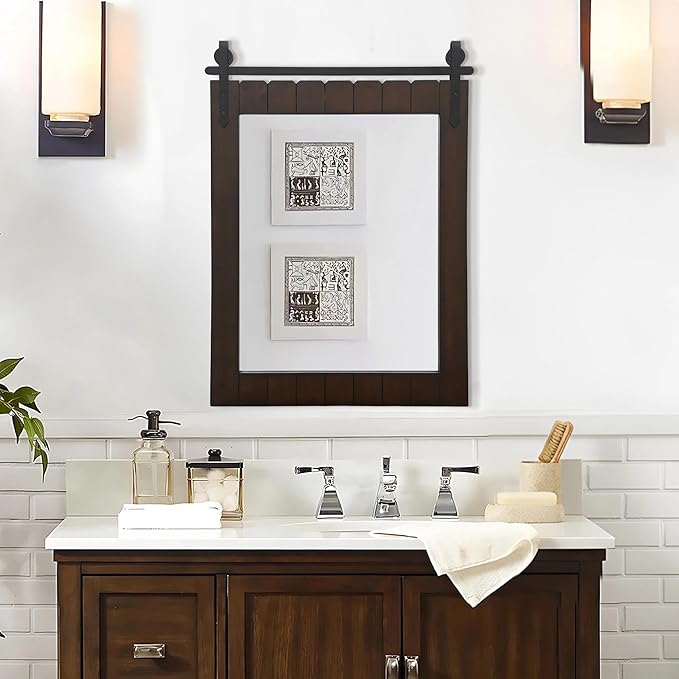 Besdomus Rustic Bathroom Farmhouse Mirror: 22"x30" Dark Brown Barn Door Solid Cedar Wood Frame Vanity Mirror - Wall Mounted Mirror for Hallway/Living Room/Bathroom - Rustic Decor for Fashion-Conscious