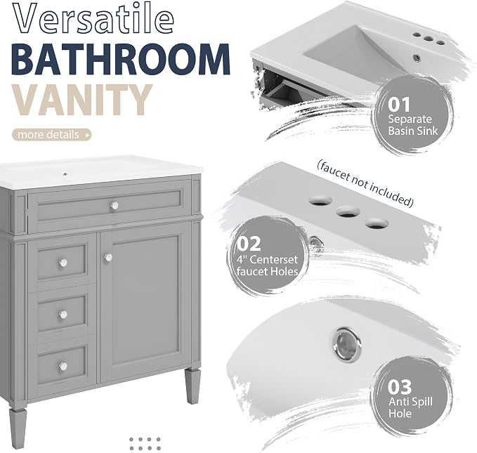 Merax 30 Inch Bathroom Vanity with Sink Set, Modern Bathroom Vanity Storage Cabinet with Matching Mirror Medicine Cabinet, Solid Wood Frame，Painted Finish, 2 Drawers and 1 Tip-Out Drawer, Grey