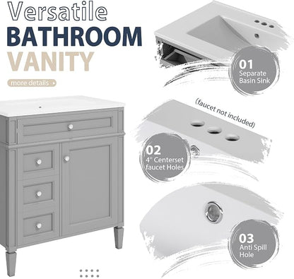 Merax 30 Inch Bathroom Vanity with Sink Set, Modern Bathroom Vanity Storage Cabinet with Matching Mirror Medicine Cabinet, Solid Wood Frame，Painted Finish, 2 Drawers and 1 Tip-Out Drawer, Grey