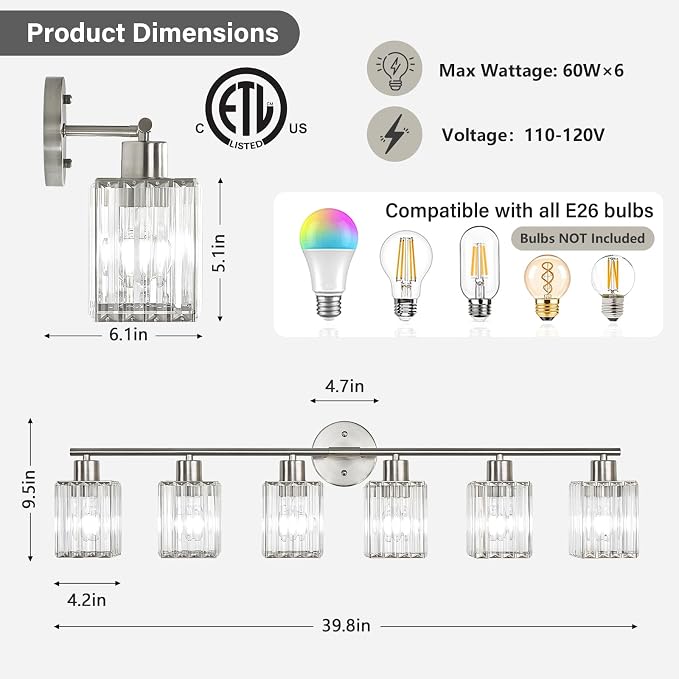6 Light Bathroom Light Fixtures, Modern Crystal Vanity Lights over Mirror | Metal Frame, Bathroom Light with Square Crystal Shade, ETL Certified, E26 Ceramic Socket, Bulbs Not Included