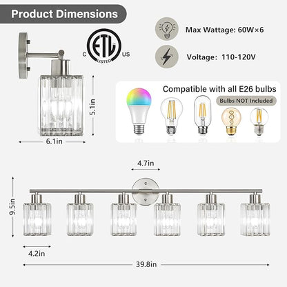 6 Light Bathroom Light Fixtures, Modern Crystal Vanity Lights over Mirror | Metal Frame, Bathroom Light with Square Crystal Shade, ETL Certified, E26 Ceramic Socket, Bulbs Not Included