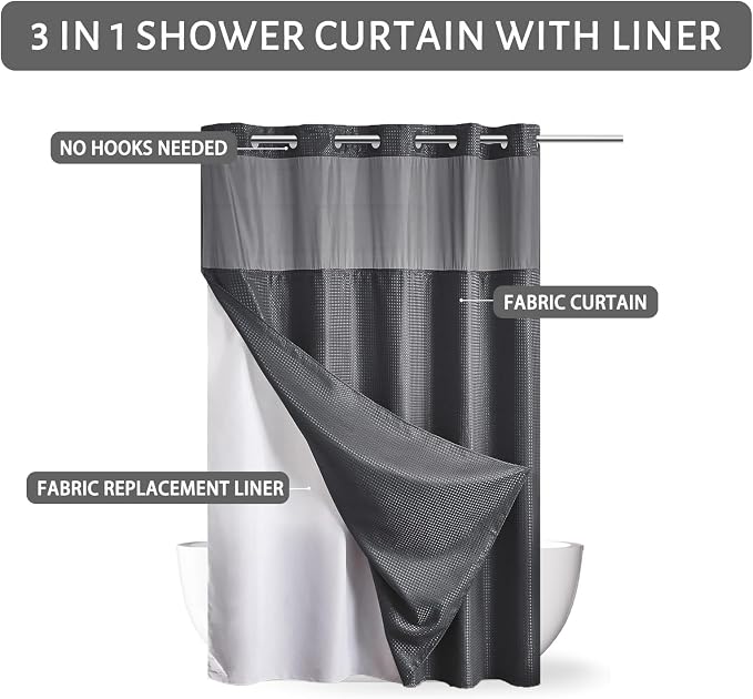Furlinic No Hooks Needed Waffle Weave Shower Curtain with Snap in Fabric Liner,Honeycomb Texture Bathroom Curtains with See Through Top Window,Waterproof,Dark Grey,71x96 Inch