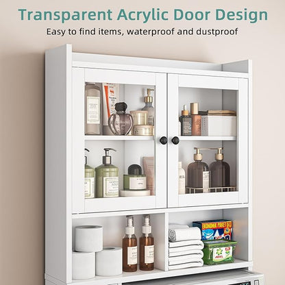 Over The Toilet Storage Cabinet with Clear Doors, Behind Toilet Organizer with Toilet Paper Holder Stand, Above Toilet Shelf, Space Saver for Bathroom, Laundry, Restroom, White