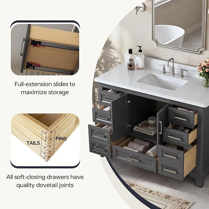 48 Inch Fully Assembled Bathroom Vanity with Sink, Grey | Solid Wood, Quartz Top & Backsplash, Soft-Close Doors, Dovetail Drawers, Large Storage, Modern Farmhouse Bath Upgrade