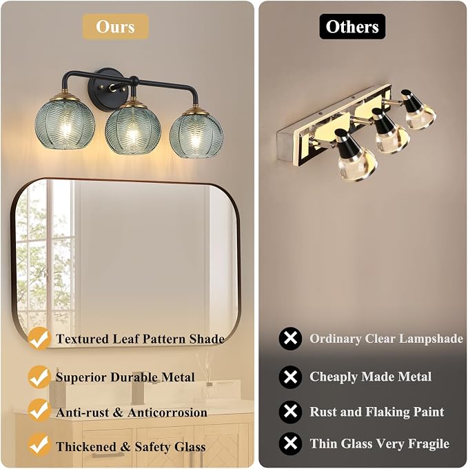 Mecgirn Bathroom Vanity Light Fixtures, 3-Light Green Glass Shade, Modern Black and Gold Wall Sconce, Unique Textured Leaf Pattern, Ceramic E26 Sockets Wall Mounted for Mirror, Cabinet, Hallway