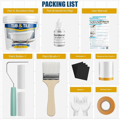 Tub and Tile Refinishing Kit, 66oz White Quick-Dry Tile Paint for Wall & Floor, Sink Bathtub and Toilets Paint for Bathroom, Kitchen, Toilets, Water Based