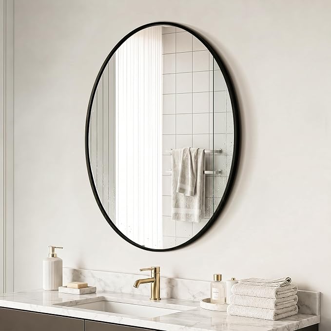 Black Oval Bathroom Mirror for Wall, 24"x32" Bathroom Vanity Mirror | HD Shatterproof Glass, Metal Framed, Oval Vanity Mirrors for Bathroom, Bedroom, Living Room, Entryway, Horizontal or Vertical