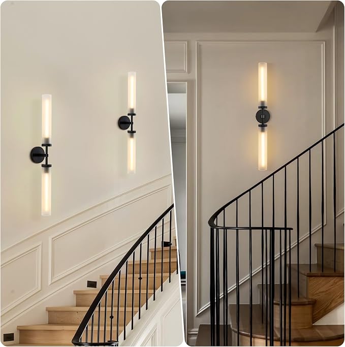 30" 2 Lights Hardwired Frosted Glass 2 PC Bathroom Wall Sconces, Handmade Knurled Black Wall Light Fixture,Modern Vanity Light for Living Room,Hallway, Bedroom, Indoor Sconces