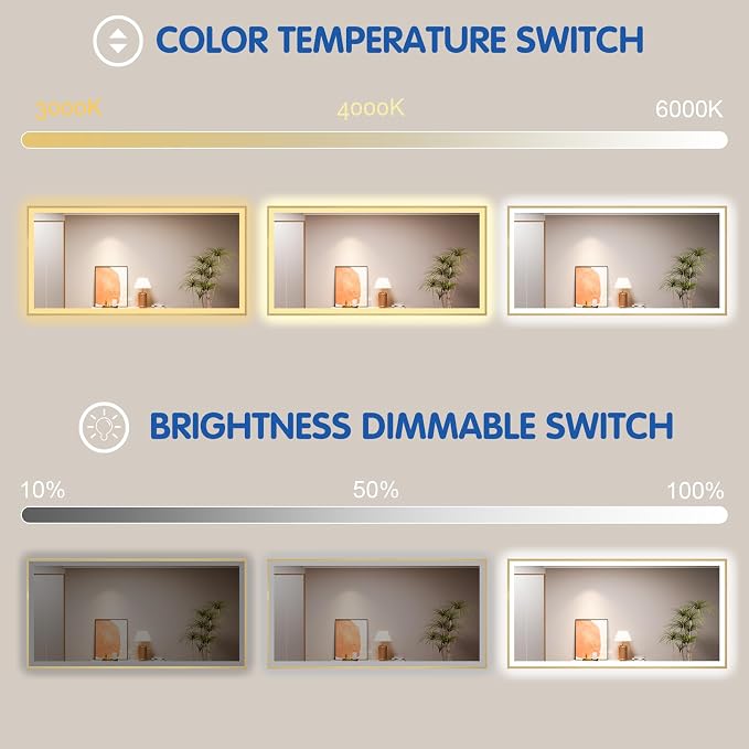 55x36 Inch LED Bthroom Mirror with Gold Frame | Gold Metal Frame, Front and Backlit, 3 Colors, Dimmable, Memory, Anti Fog, Tempered Glass, Lighted Mirror for Wall