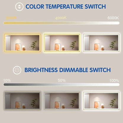 55x36 Inch LED Bthroom Mirror with Gold Frame | Gold Metal Frame, Front and Backlit, 3 Colors, Dimmable, Memory, Anti Fog, Tempered Glass, Lighted Mirror for Wall
