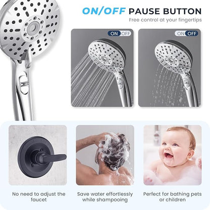 Dual Shower Head Combo, 8'' High Pressure Rain Shower Head with Handheld Spray, 6+1 Spray Settings Handheld Showerhead, Height Adjustable, One-touch Pause Button, Chrome Polished