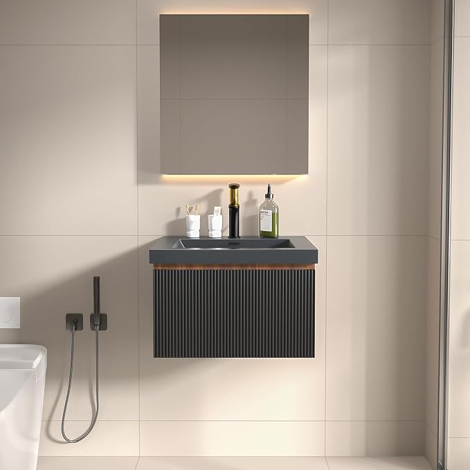 24 Inch Floating Bathroom Vanity with Sink, Modern Black Wall Mounted Floating Vanity with Scratch-Resistant Quartz Sand Basin, Soft Closing Drawers, Fully Pre Assembled Bathroom Vanity