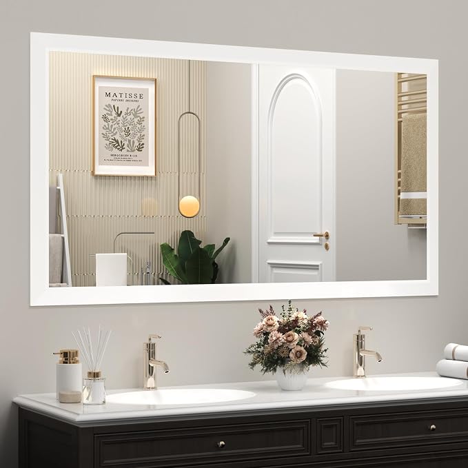 SMIROR 55x30 Matte White Bathroom Vanity Mirror for Over Sink | Metal Wide Frame, Rectangle, Right- Angle Corner, Anti-Rust, Horizontally or Vertically Wall- Mounted for Home Remodel