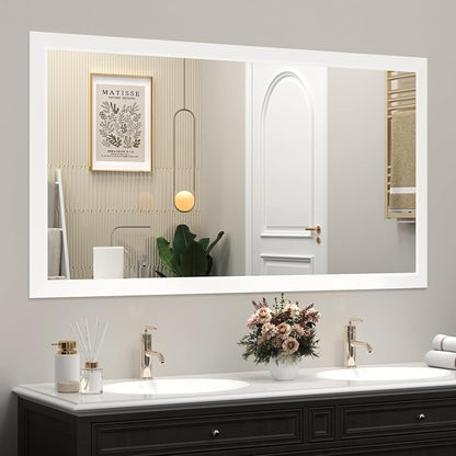 SMIROR 55x30 Matte White Bathroom Vanity Mirror for Over Sink | Metal Wide Frame, Rectangle, Right- Angle Corner, Anti-Rust, Horizontally or Vertically Wall- Mounted for Home Remodel