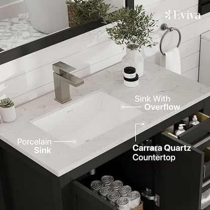 Eviva London 36 Inch Bathroom Vanity With Sink - Espresso Single Sink Bathroom Vanity - 36 In Bathroom Vanities & Stylish Bathroom Sink Cabinet W Quartz Countertop & Porcelain Sink For Optimal Storage