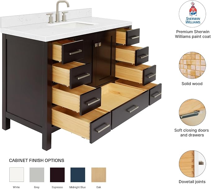 Beckford 48-Inch Bathroom Vanity with Sink — Espresso Single Sink Bathroom Vanity, 1.5" Edge Carrara White Quartz Countertop, Solid Wood, 2 Soft-Close Doors, 9 Dovetail Drawers