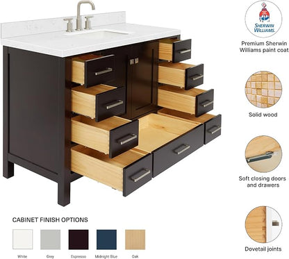 Beckford 48-Inch Bathroom Vanity with Sink — Espresso Single Sink Bathroom Vanity, 1.5" Edge Carrara White Quartz Countertop, Solid Wood, 2 Soft-Close Doors, 9 Dovetail Drawers