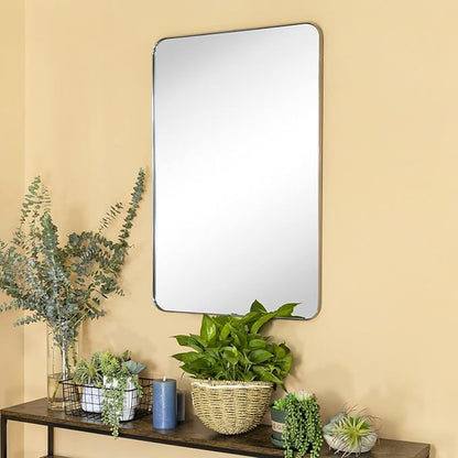 GRACTO 24x36'' Brushed Nickel Metal Framed Bathroom Mirror for Wall in Stainless Steel Rounded Rectangular Bathroom Vanity Mirrors Wall Mounted