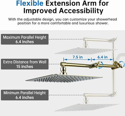 G-Promise All Metal 12 Inches Rainfall Shower Head with Handheld Combo | All Metal, Built to Last, Easy Install, Adjustable Height & Angle for All Heights, Extra Long Hose, Modern Upgrade