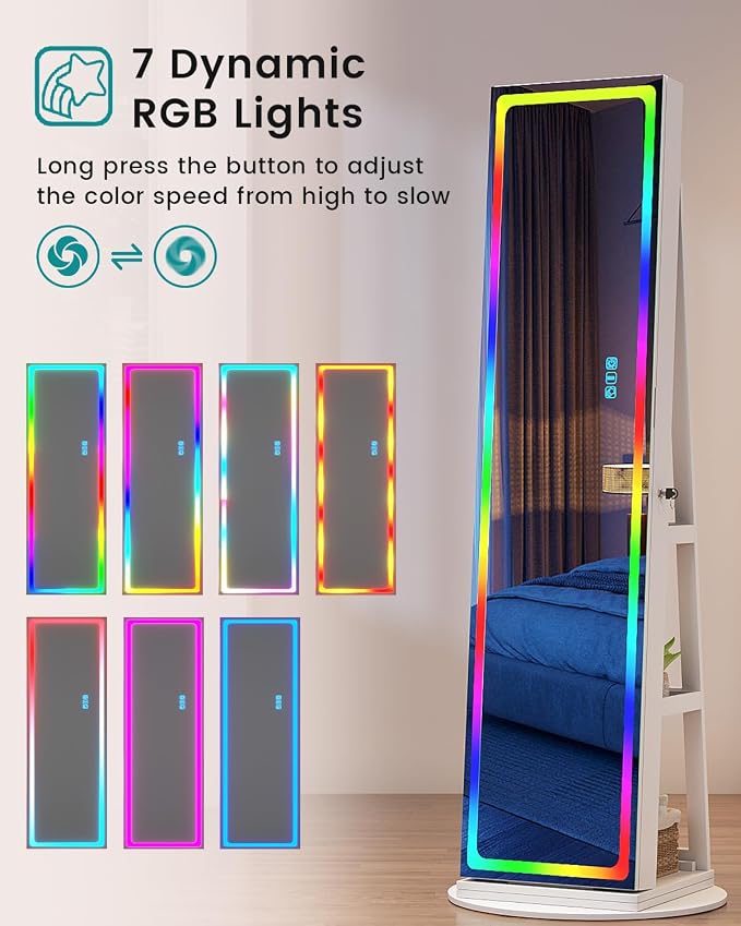 Vlskra Mirror Jewelry Cabinet Standing with Full Length LED Mirror, White | Lockable Jewelry Armoire with 14 RGB Color Modes, Rotating Jewelry Organizer with Dustproof Lock, Gift Idea for Women, Girls