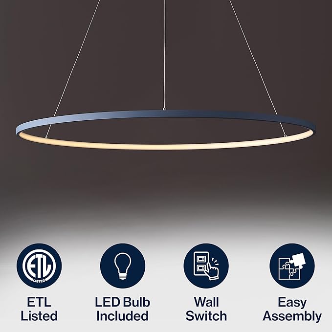 JONATHAN Y 35" Blue Modern Integrated LED Pendant Light, Dimmable Round Hoop Chandelier for Kitchen Island, Dining Room, Adjustable Height Metal Hanging Light (JYL7220D)